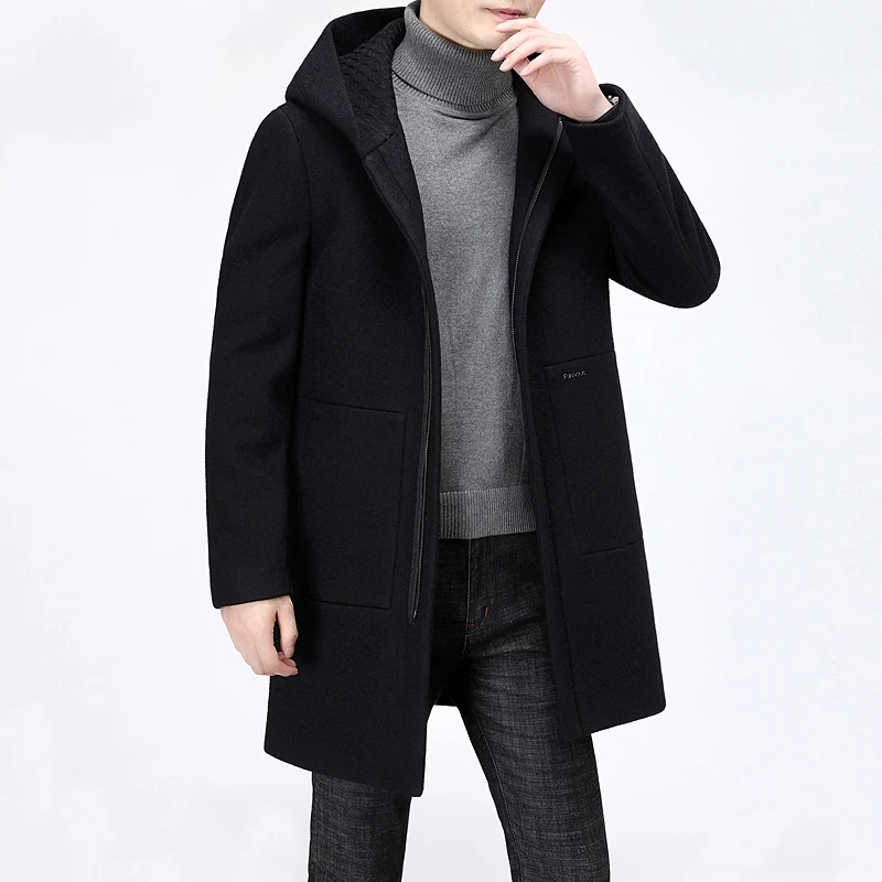 

Tops Autumn Winter Casual Men's Black Hooded Woolen Coats Thick Warm Wool Blend Overcoat Outwear Jacket Parkas Youth Windbreaker