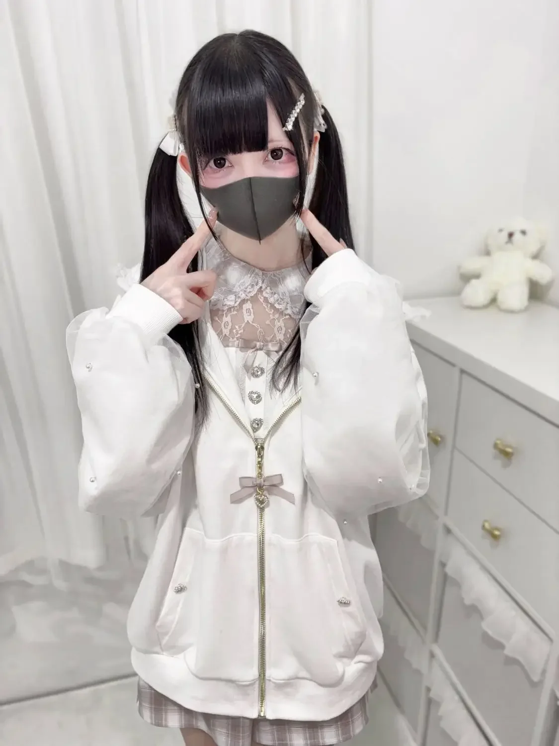 Manteaux japonais en gaze de perles pour femmes, vestes en dentelle esthétique Y2k avec oreilles de lapin, décontractées, surdimensionnées, Harajuku Kawaii, haut à capuche