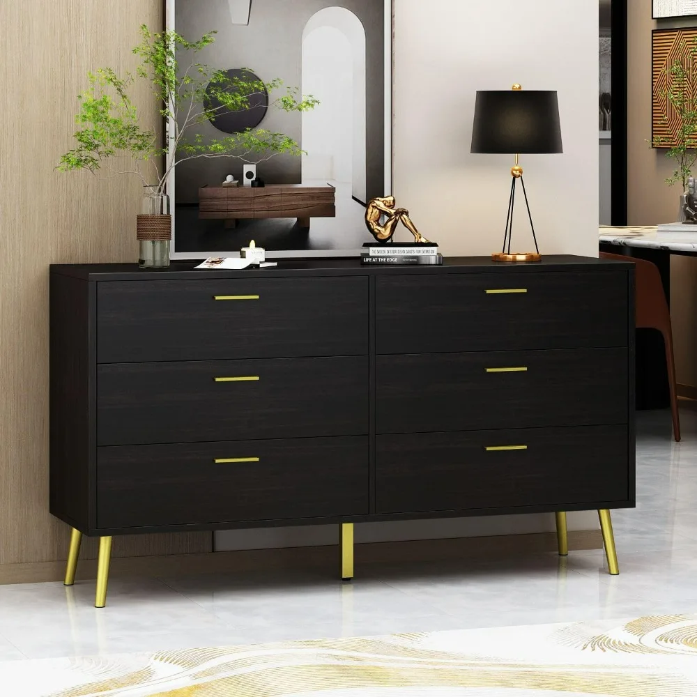 Chest of Drawers 6 Drawer Dresser, Drawer Chest 6 Drawer Cabinet with Gold Metal Legs, Modern & Contemporary Dresser