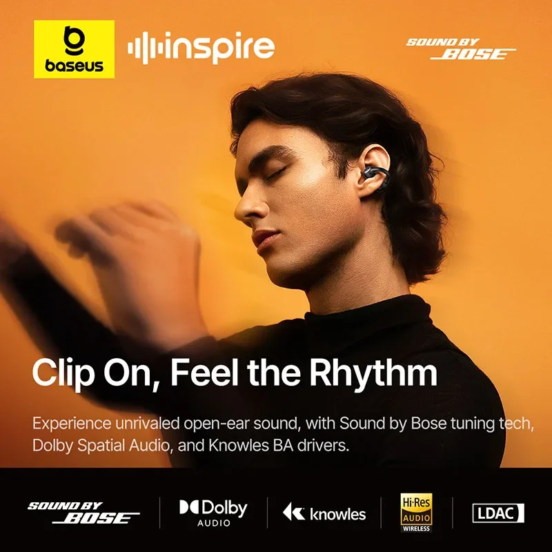 Baseus Inspire XC1 Ear Clip Wireless Earbuds Bluetooth 6.1 Hi-Res Open Earphones Earrings 4-Mics Clip On Ear Buds Sound by Bose