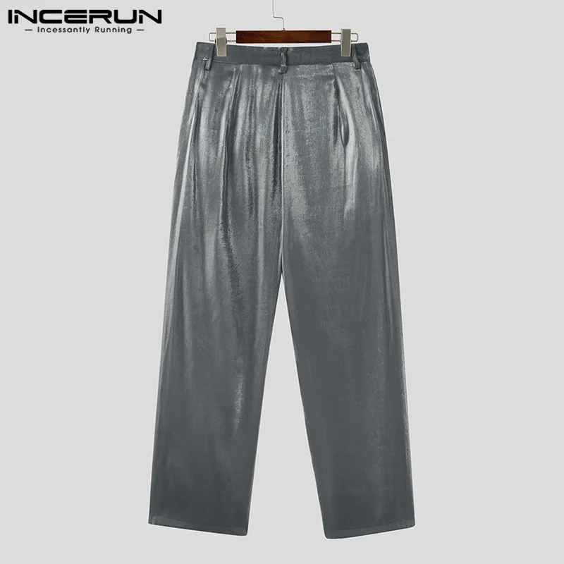 INCERUN 2023 Korean Style Handsome Men Trousers Solid Flash Fabric Pantalons Stylish Male Hot Sale Loose Straight Leg Pant S-5XL