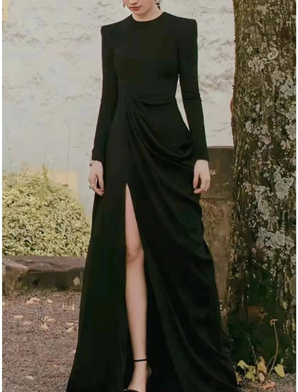 

Black A-line Formal Prom Dress O-neck Long Sleeves Floor Length Split Satin Evening Party Gowns Women Robe De Soirée