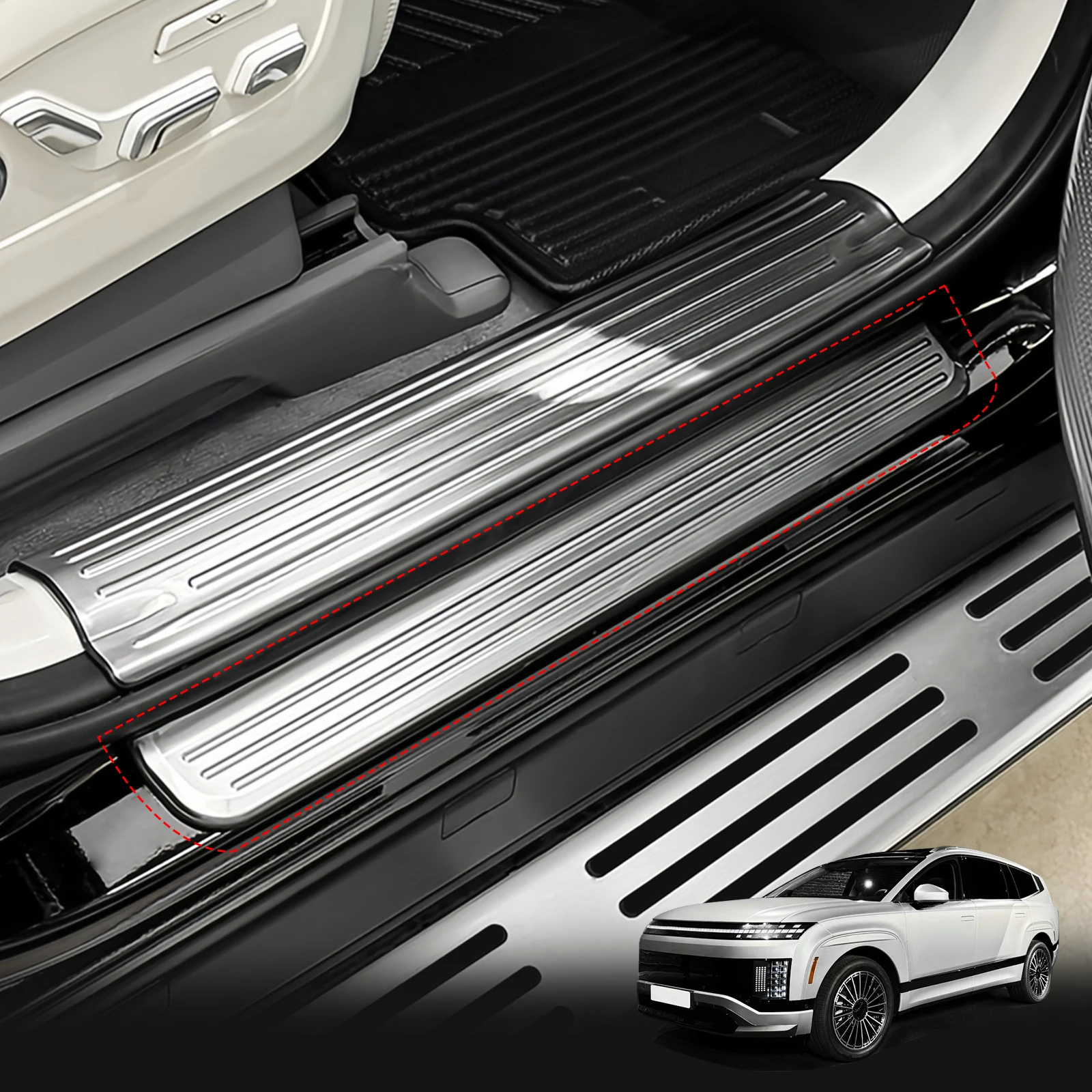Stainless Steel Silver 4pcs Inside Door Sill Scuff Plate+4pcs Outside Threshold Guard Protector Cover For Hyundai IONIQ 9