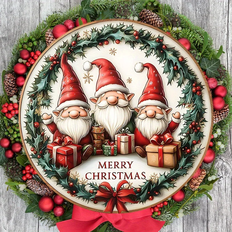 2D Flat, Adorable Christmas Gnome Wooden Sign - 2D Relief Merry Christmas Design with 3 Santa Hat Gnomes, Holly Berries & Snowfl