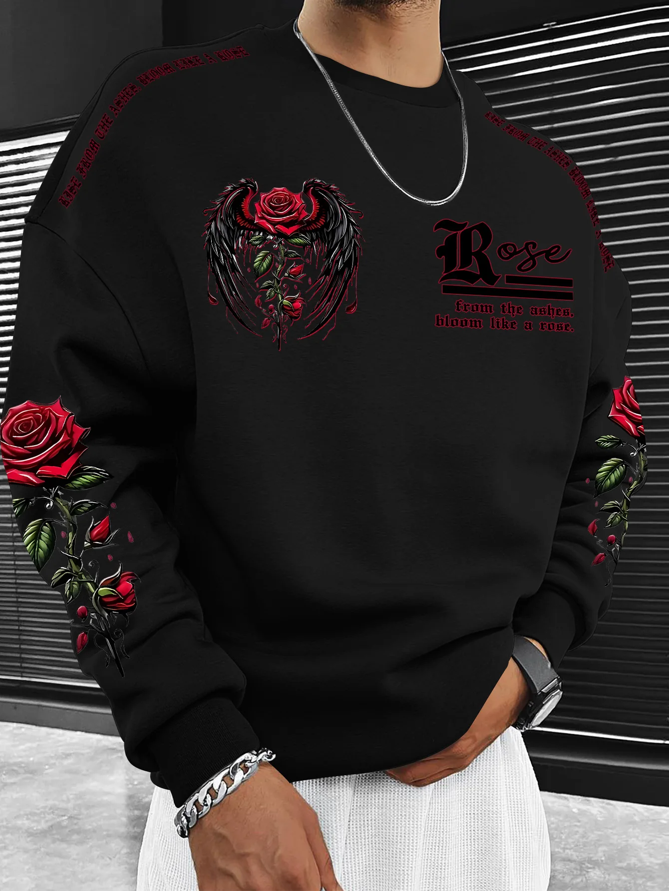 Lässiges Herren-Langarmshirt mit Rundhalsausschnitt, Sweatshirt mit Rosenflügel-Blumen-Slogan-Grafikdruck, S-XXL – Detail 6