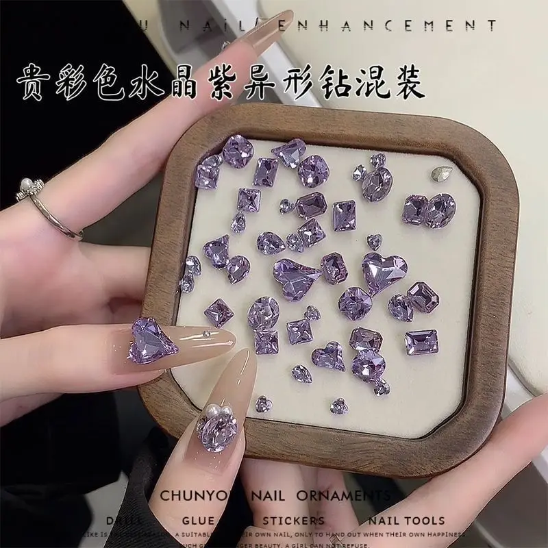10pcs Light Purple Bule Nail Art Sparkling Crystal Diamond Violet Pointed Bottom Bare Rhinestone Nail Accessories Charms