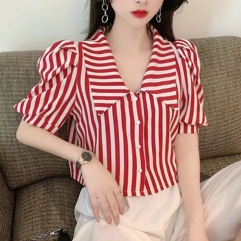 Striped Shirts Women Vintage Elegant Puff Sleeve Summer Office Lady Temper Camisas European Ins Y2k Clothes Designer High Street