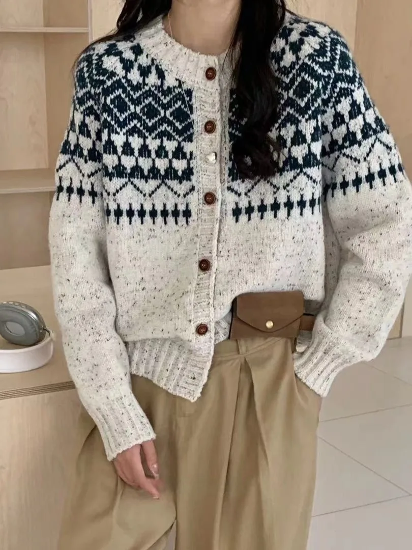 

Вязаный свитер в стиле ретро Fair Isle, женский свободный джемпер Lazy Sle, высококачественный открытый кардиган, топ из полиэфирного волокна Thiened