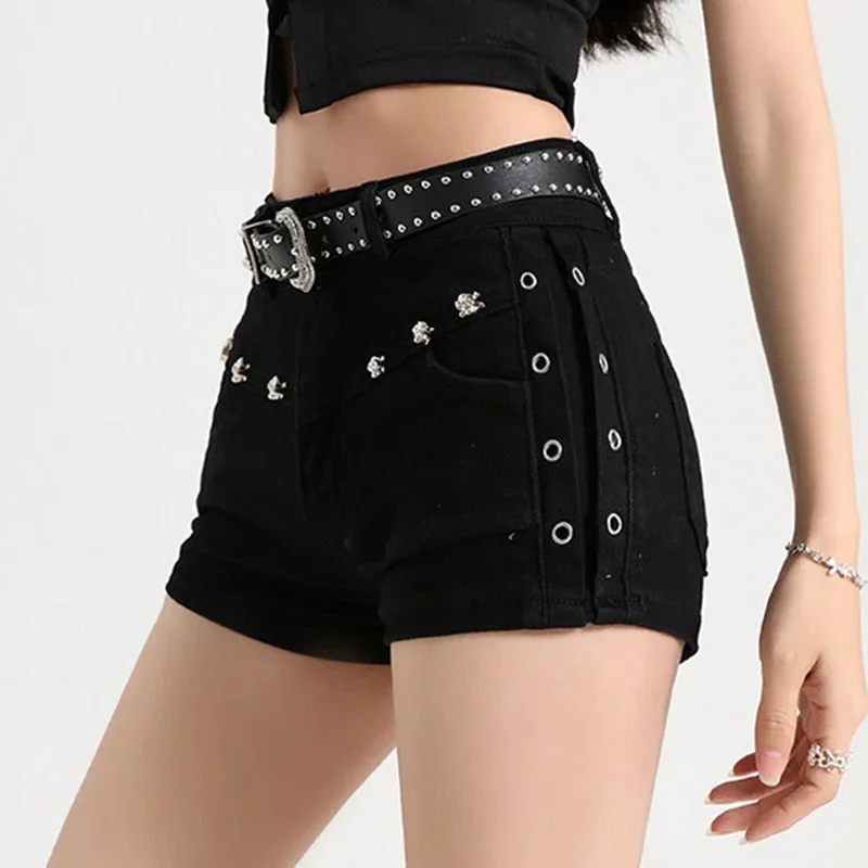 2026Black Y2K Low Waisted Denim Shorts Women Gothic Punk Rivets Slim Fit Micro Jean Shorts Woman Sexy Club Wear Pants No Belt - view 2