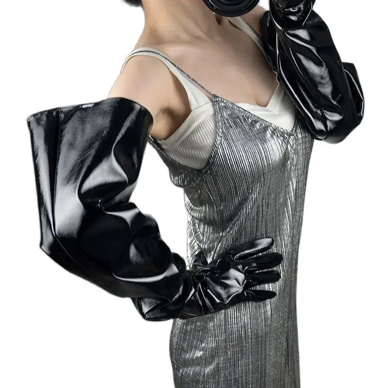 PATENT LONG GLOVES Woman Fluffy Unisex Faux Leather Shine Black Balloon Puff Sleeves Large Emo 70cm