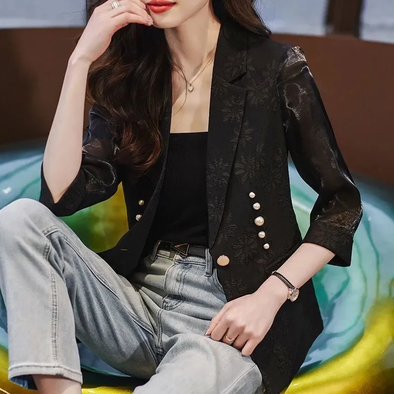 الجاكار اقتصاص كم البدلة سترة المرأة الصيف 2026New حجم كبير السترة معطف الإناث موضة ملابس خارجية مزاجه معطف علوي