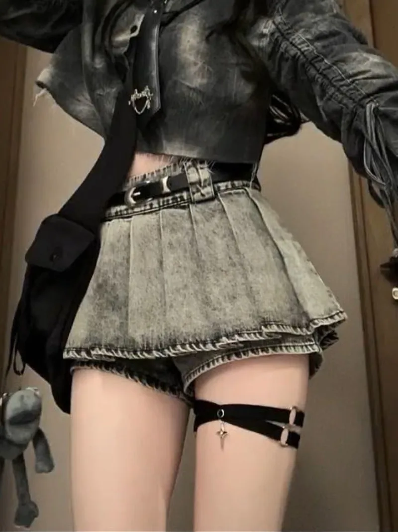 Gonna di jeans americana retrò lavata e indossata Design estivo da donna Senso Gonna a pieghe a trapezio Tendenza Abbigliamento femminile