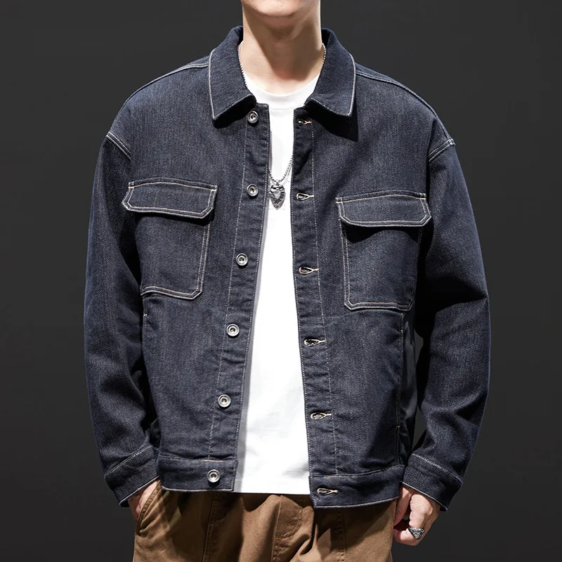 Spring and autumn cargo denim coat men loose large size dark blue retro casual jacket jacket