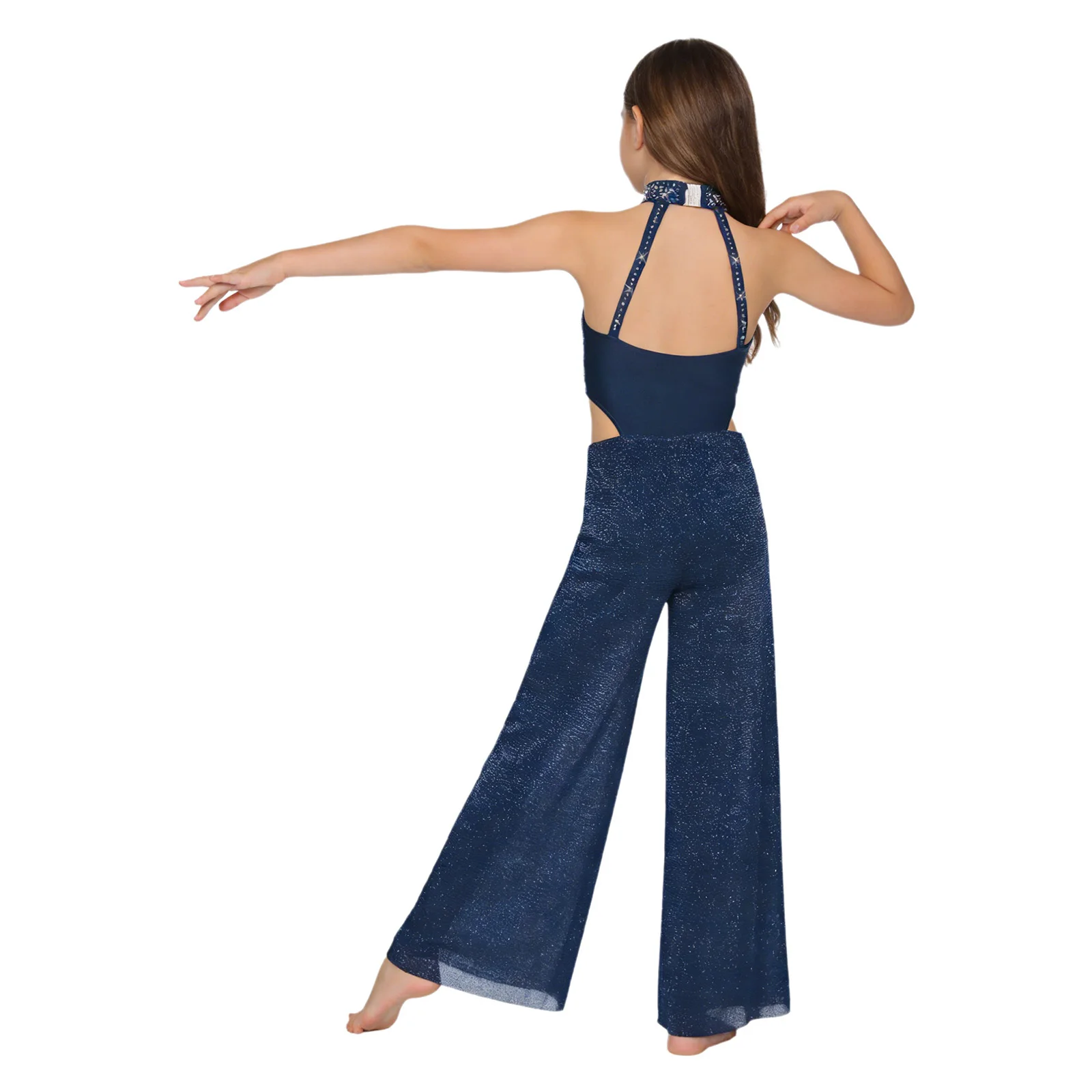 Kid Girls Ballet Lyrical Dance Jumpsuit Sleeveless Cutout Shiny Rhinestones Bodice Wide-Leg Bodysuit Latin Jazz Modern Dancewear