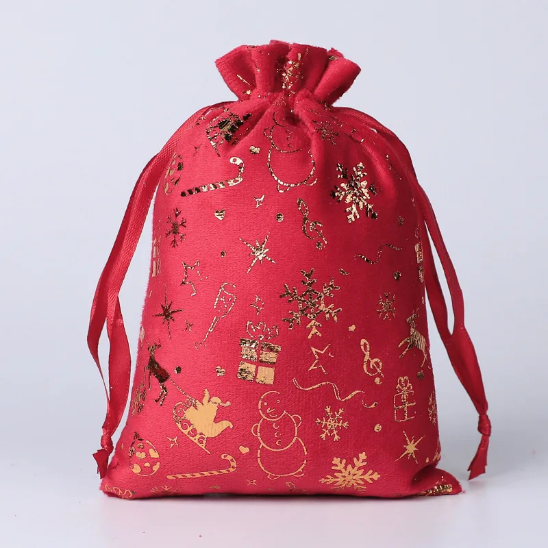 50pcs/Lot 10*15cm Christmas Gift Velvet Drawstrings Bags Hot Stamping Pattern Pouches Fashionable Wedding Candy Packaging Bag