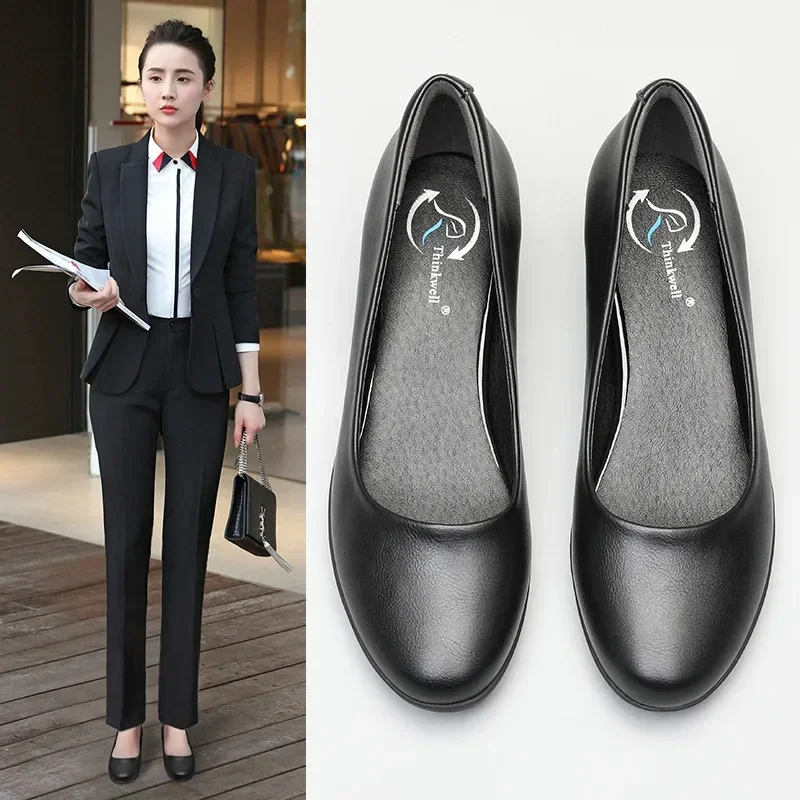 

Leather PU Women's Work Shoes Pumps Thick Heel Round Head Shoes Soft Sole Professional Non-slip Hotel Work Autumn Footwear 2025