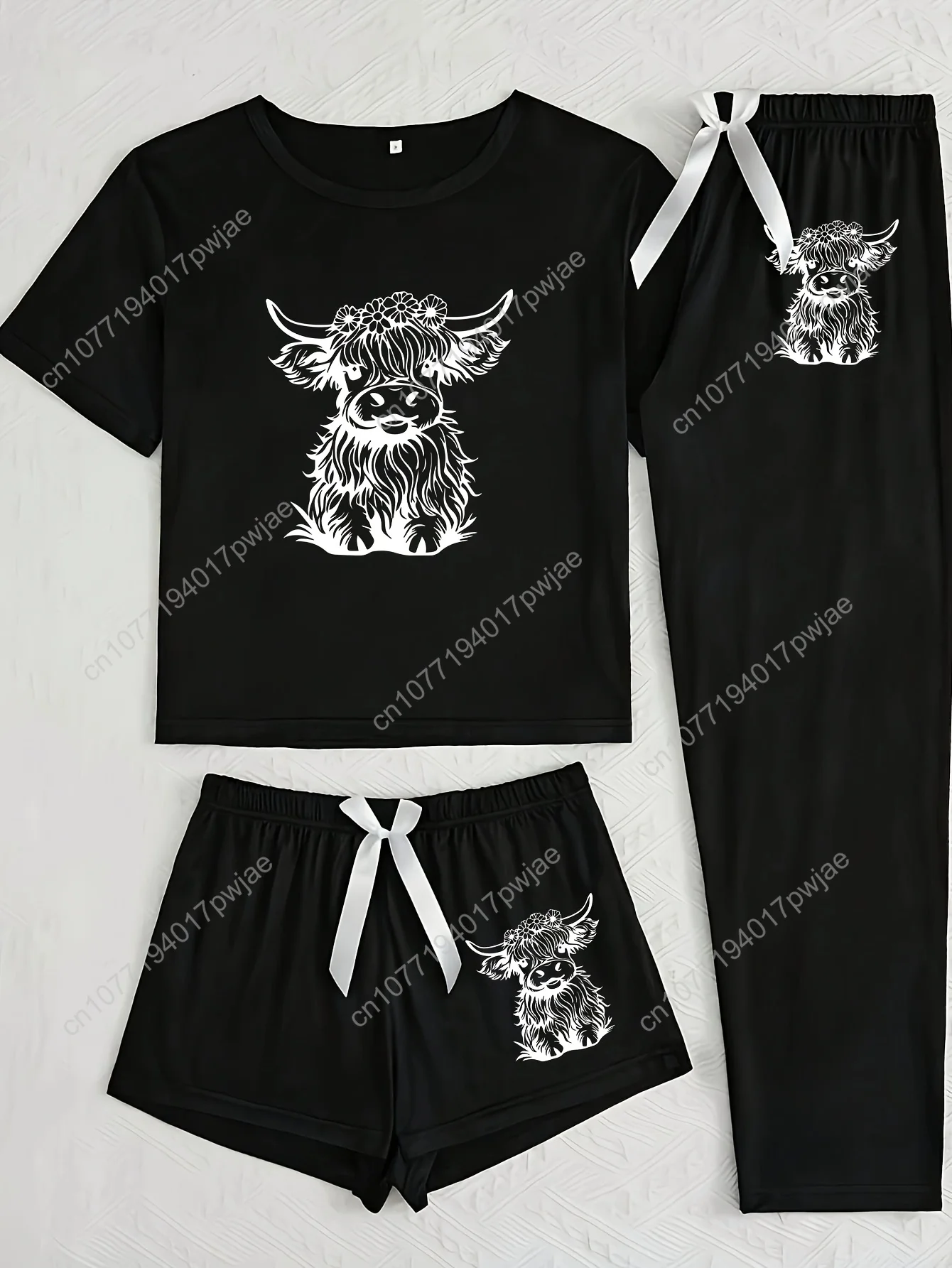 

Short Sleeve Shorts Long Pants Three-Piece Pajama Set for Women with Highland Cow Print