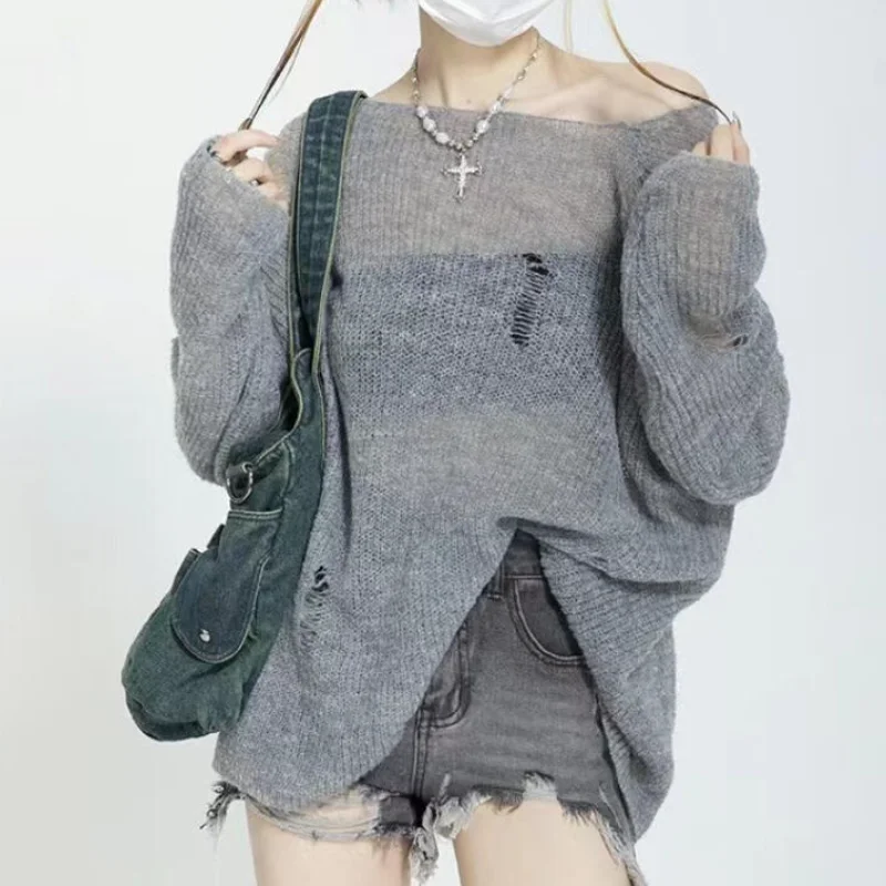 

Fashion Women Pullover Loose Sweater Autumn Solid Color Casual Knitted Tops Hole Long Sleeve Knitwear