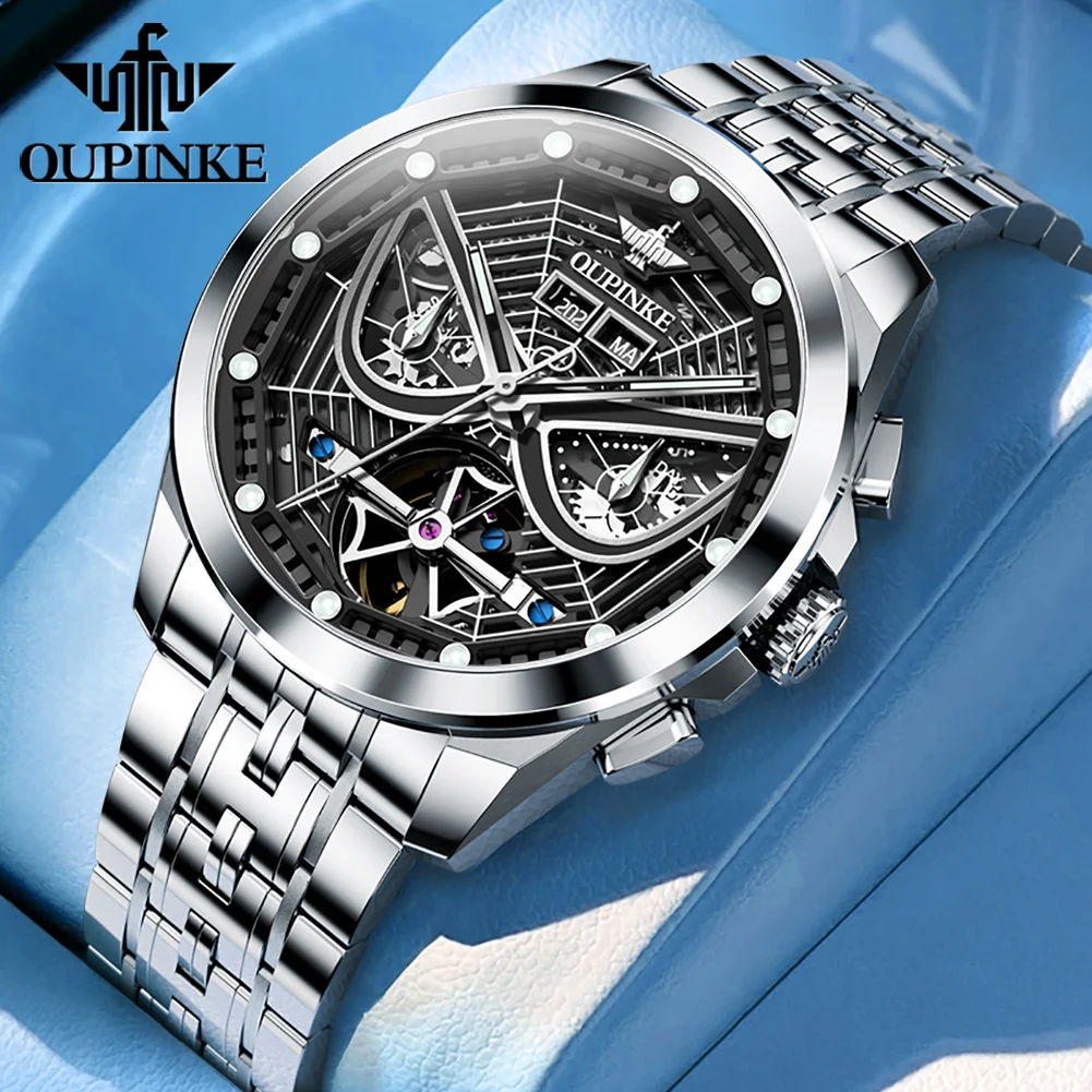 

OUPINKE Automatic Watch for Men Stainless steel Skeleton Battle Armor Design Sapphire Mirror Date Week Luxury Self-winding Watch