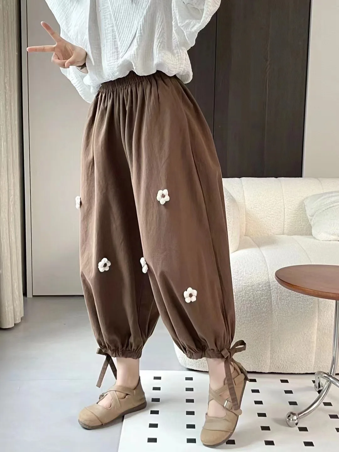 2025 신상 여름 코튼 블루머 팬츠, 여성용 밴딩 허리 3D 플로럴 패치워크, 모리걸 프렌치 빈티지 루즈핏 트라우저 B57886CC