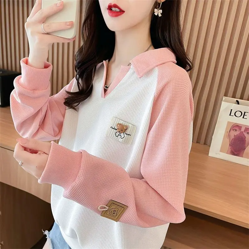 Fashion Lapel Spliced Loose Casual T-Shirt Female Clothing 2023 Autumn Winter Oversized All-match Pullovers Korean Tee Shirt