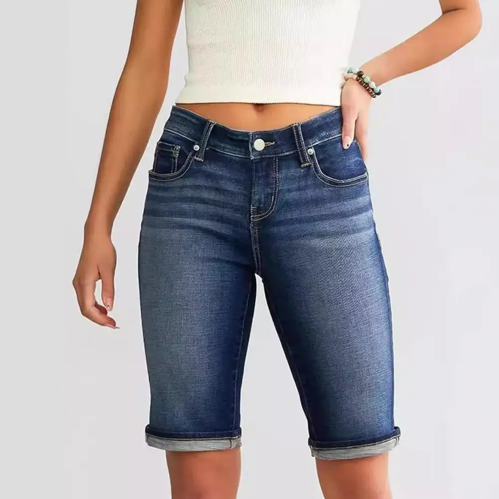 

Retro Washed Denim Shorts Knee Length Slim Fit Stretchy Distressed Gradient Color Denim Shorts Straight Leg Jeans Short Pants