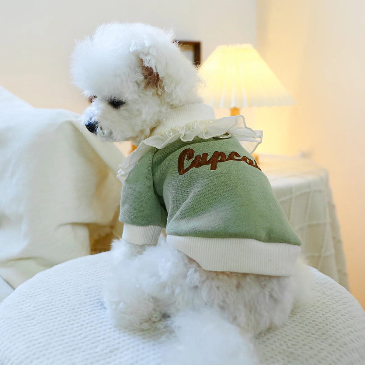 1PC Pet Clothing Cat Spring Autumn Plush Thickened Green Cake Lace Pullover Round Neck Shirt Suitable for Small and Medium Dogs