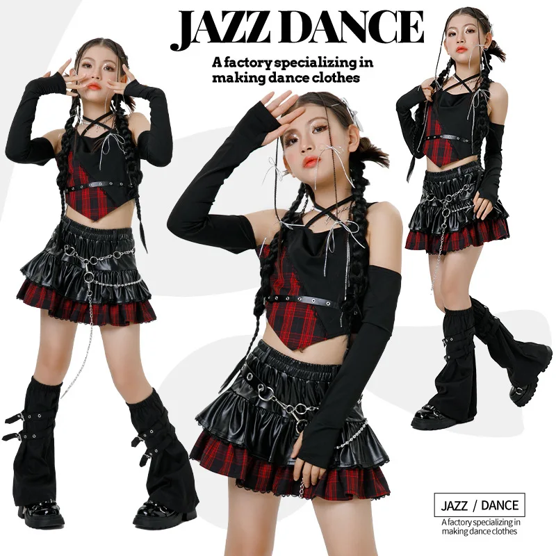 

Корейский сценический наряд K-pop для девочек, концертные наряды, уличная танцевальная одежда в стиле хип-хоп, костюм для выступлений, черный топ, юбка-тортик