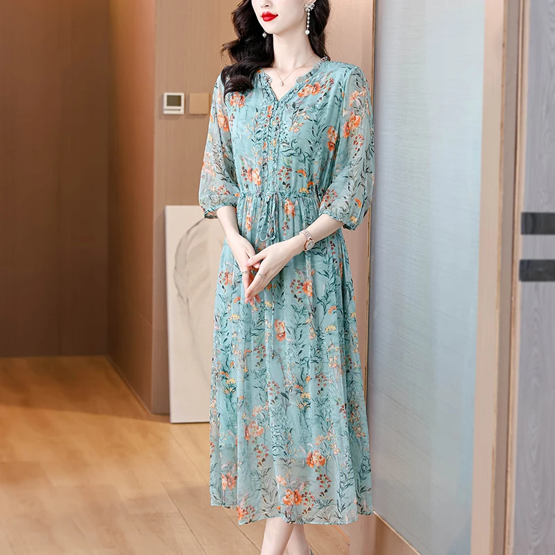 2024 Summer Floral Silk Beach Midi Sundress Women Boho Fashion Casual Light Dress Spring Korean Elegant Luxury Festival Vestidos