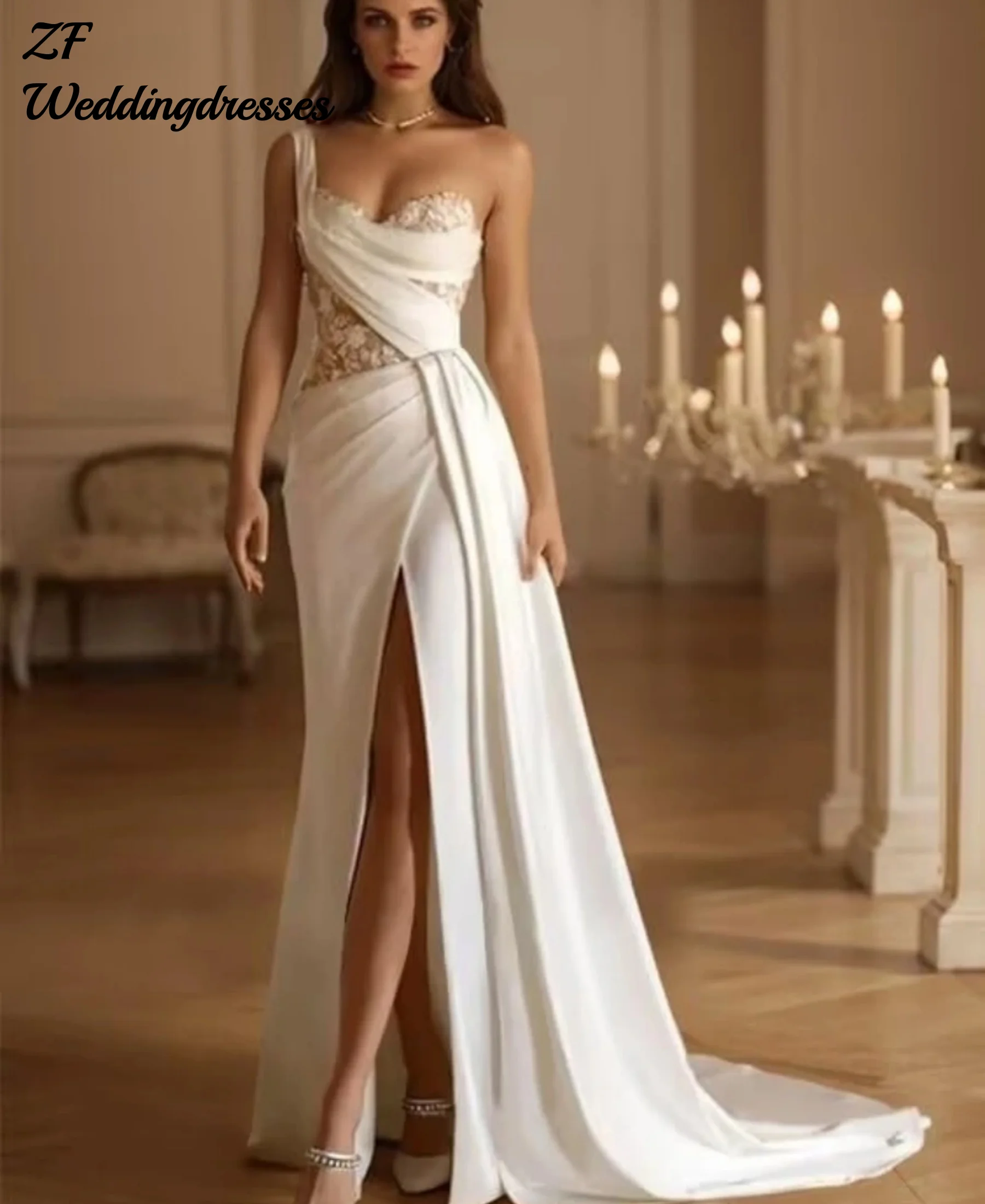Customzied Applique One Shoulder Wedding Dresses for Bride Satin Wedding Gown with Slit Mermaid Formal Bridal Gowns