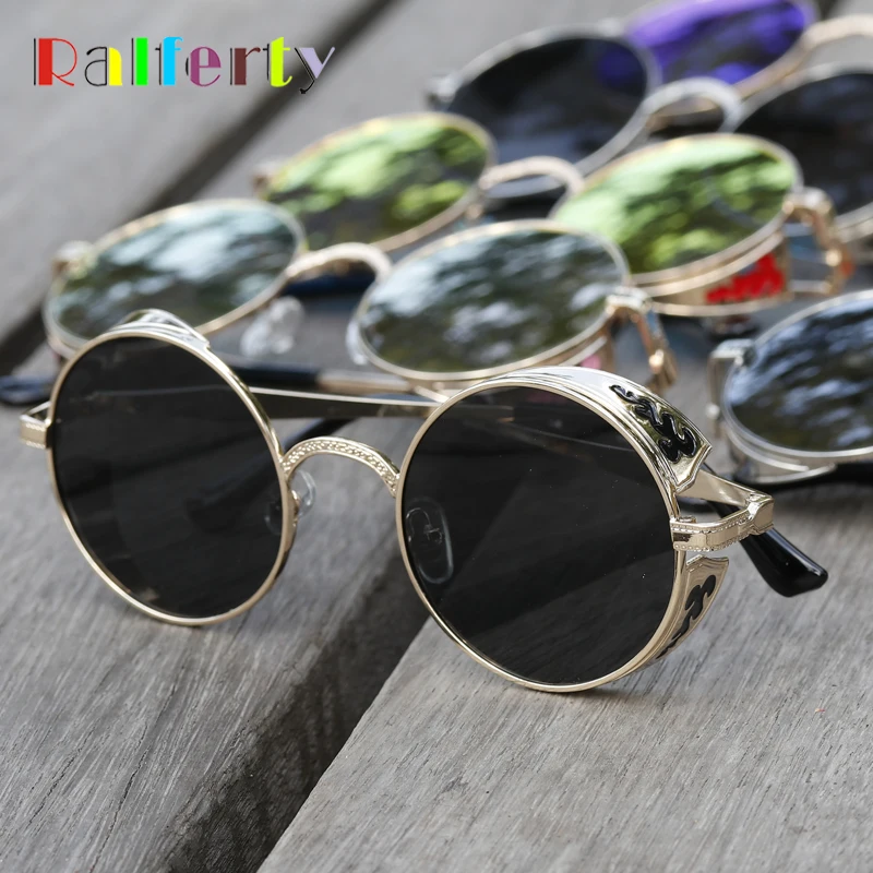 Ralferty Retro Steampunk Sunglasses Women Men Vintage Round Metal Punk Mirror Gothic Sun Glasses UV oculos de sol feminino 881