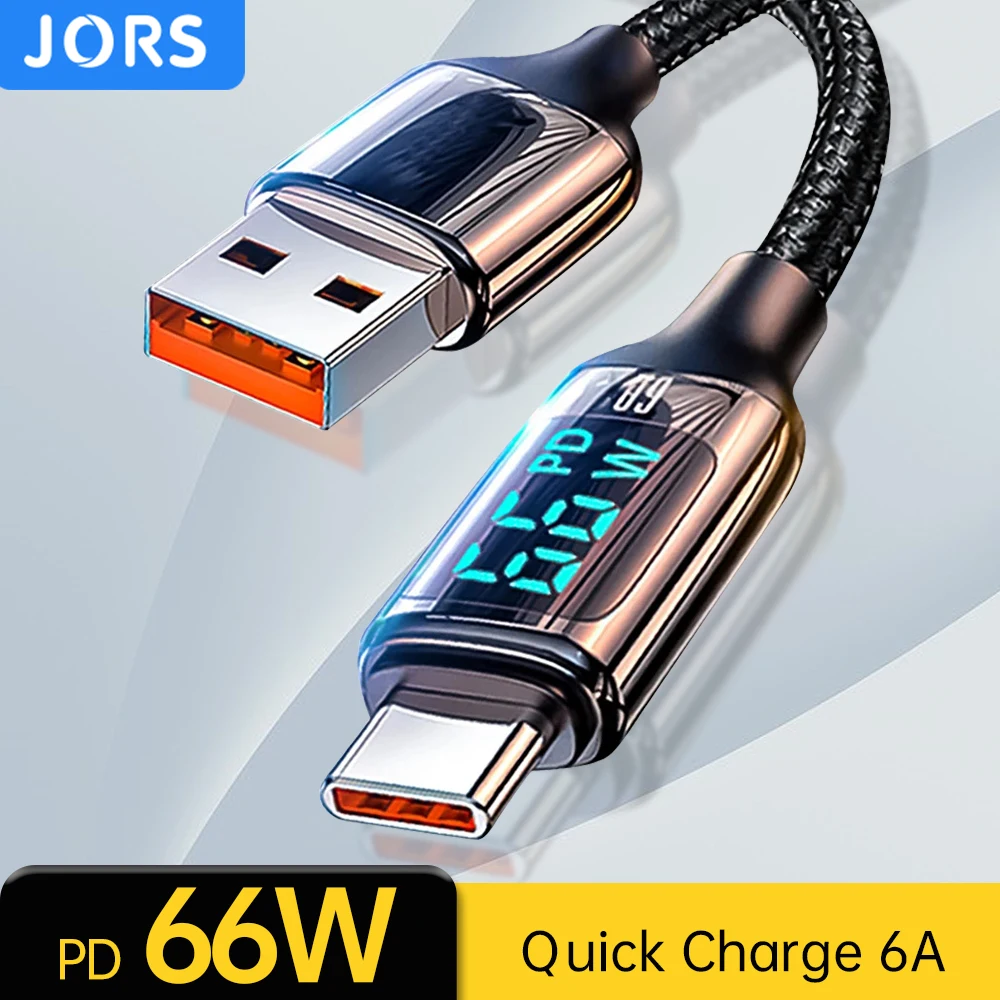 JORS USB A to USB C Type c Cable LED 6A 100W 66W PD Fast Charge Digital Display for XAIOMI OnePlus Phone Poco Notebook Samsung