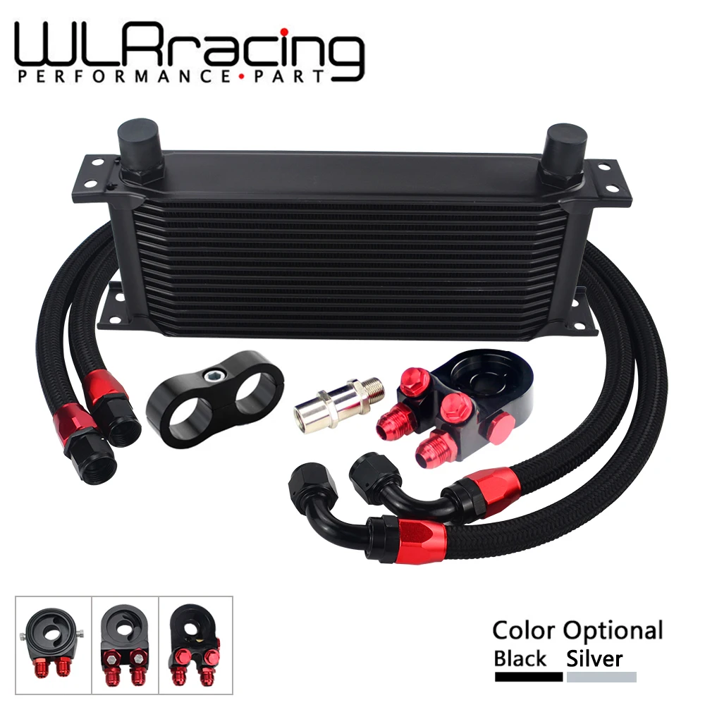 AN10 Universal 16 Rows Oil Cooler Kit + Oil Filter Sandwich Adapter + Staingless Steel Braided AN10 Hose + Line Separator