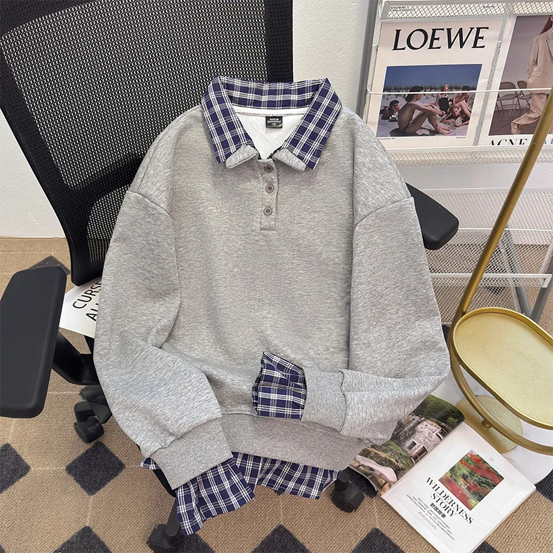 

Preppy Style Plaid patchwork Lapel Sweatshirt Women Spring Autumn Loose Fake two-piece Long Sleeved Top Versatile Pullover