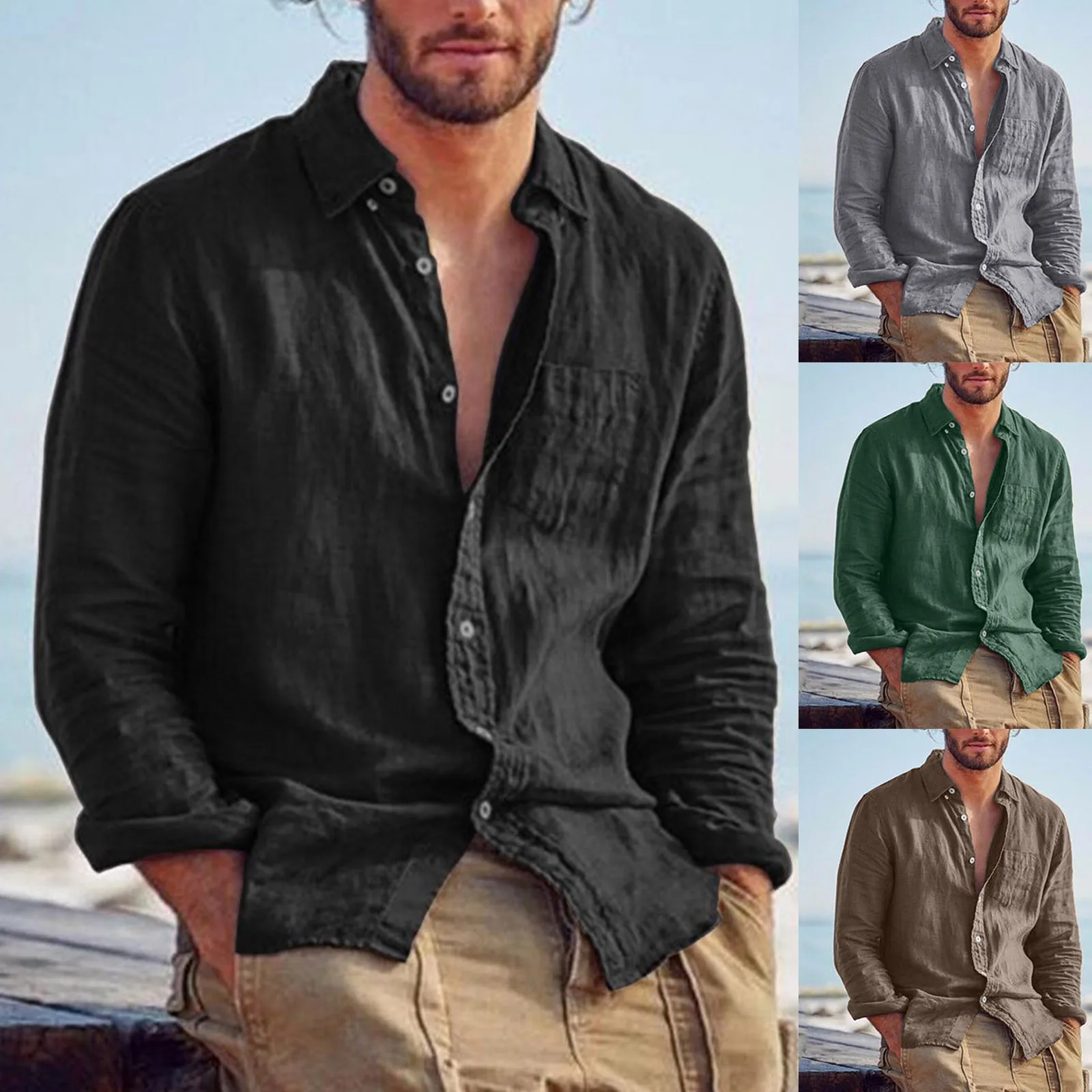 

Men's Casual Pure Color Open Cardigan Shirt Loose Fit Vintage Style Long Sleeve Button up Standard Edition Youth Fashion