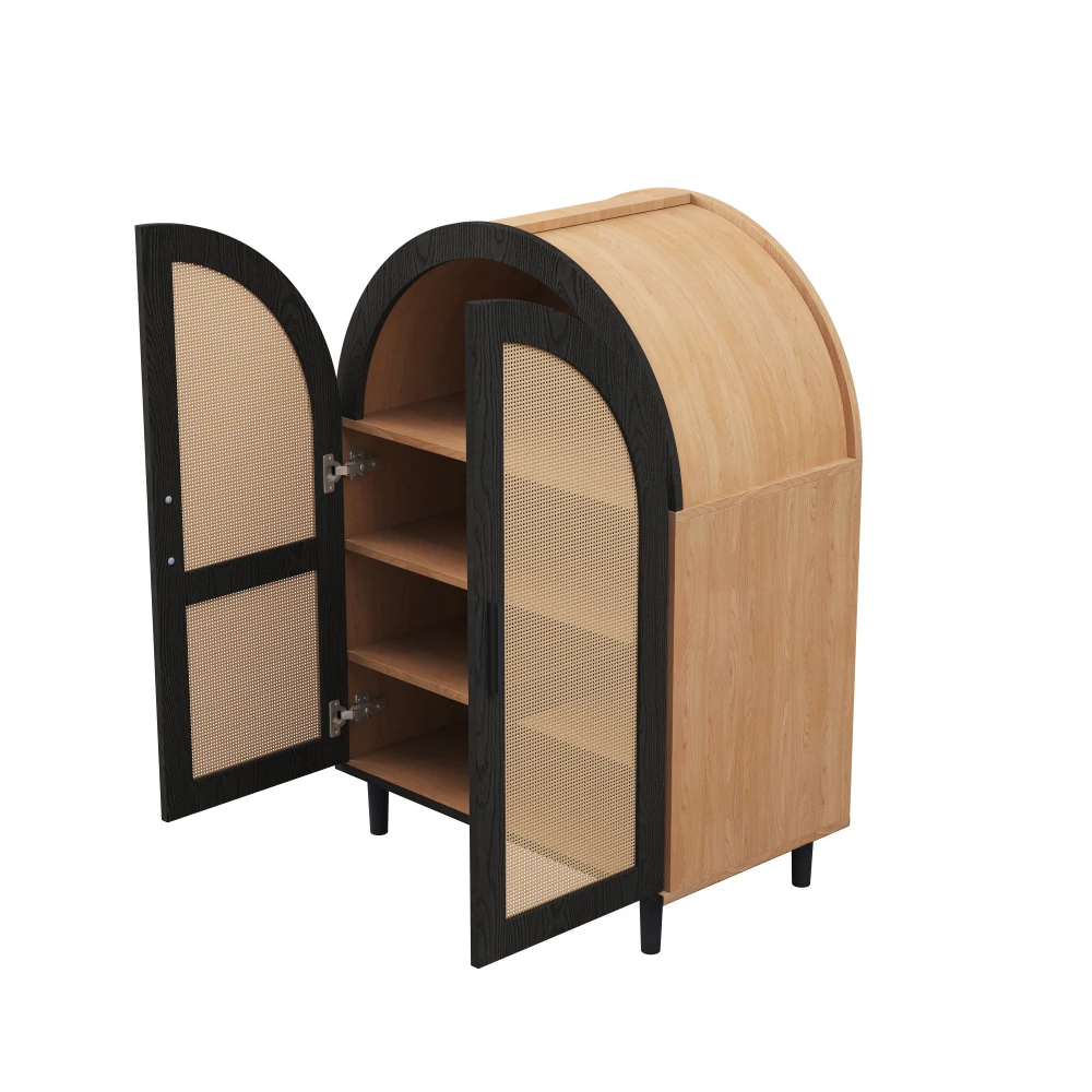 Elegantes Sideboard/Schuhschrank mit abgerundeten Außentüren, gebrochenen Rattan und drei Regalen. – Detail 11