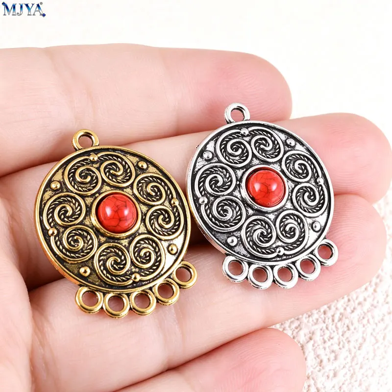 MJYA 5pcs Boho Ethnic Turquoise Charms Vintage Carved Flower Multi Loop Connector For DIY Tassel Jewelry Making Crafts Accessory