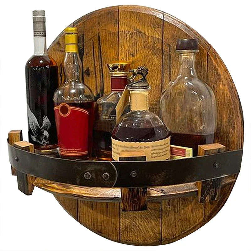 Vintage Wine Round Bottle Shelf Mount Decor Display Wall Bar Wooden Holder Shelves Whiskey Rack Floating Shelve