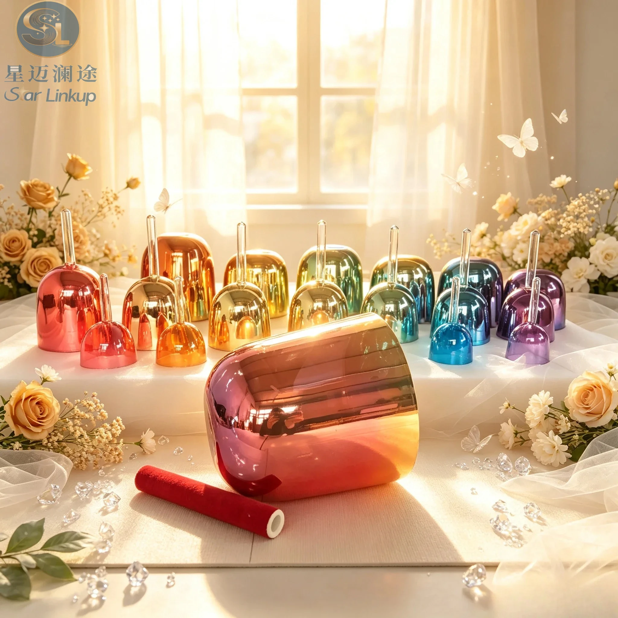 Star Linkup 8.5 Inch Huge Deep‑Tone Tibetan Style Quartz Crystal Singing Bowl, Plated Gold Red Purple Finish C/C# Note for Root & Sacral Chakra, High‑Energy Sound Healing Percussion Instrument for Yoga Meditation Sound Bath Chakra Balancing