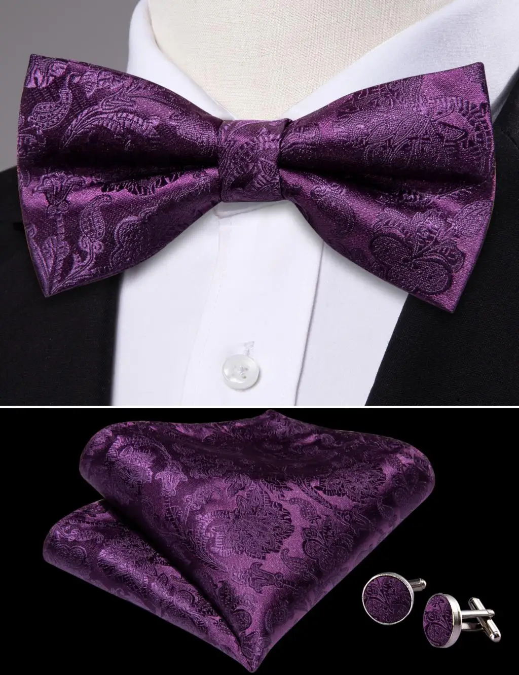 Barry.Wang Purple Lilac Lavender Silk Mens Bow Tie Jacquard Paisley Floral Pre-Tied Bowtie Hanky Cufflinks Set Wedding Business