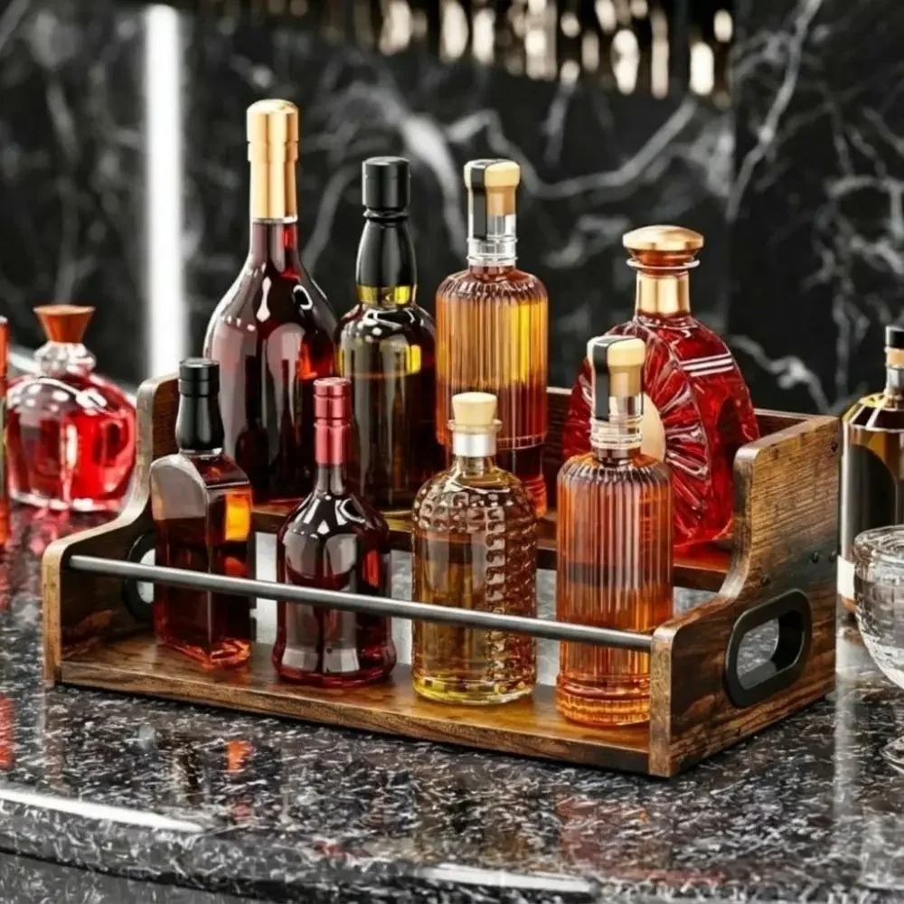 yesWooden Liquor Bottle Display Shelf Detachable Heavy-Duty Wine Bottle Rack Stable Rustic Liquor Cabinet Coffee Syrup Organizer