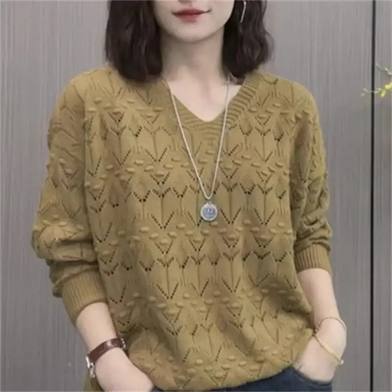 Spring Autumn Crew Neck Long Sleeve Hollow Out Solid Color Women\'s Clothing Pullover Sweater Knitted Casual Loose Vintage Tops