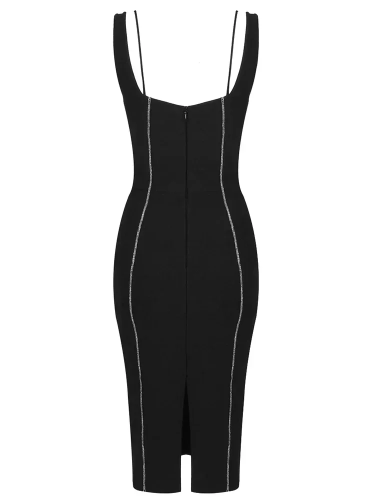 Vestido Bandage sexi con tirantes finos y diamantes recortados para mujer, vestido negro sin mangas con espalda descubierta, vestido de fiesta de noche por debajo de la rodilla para celebridades