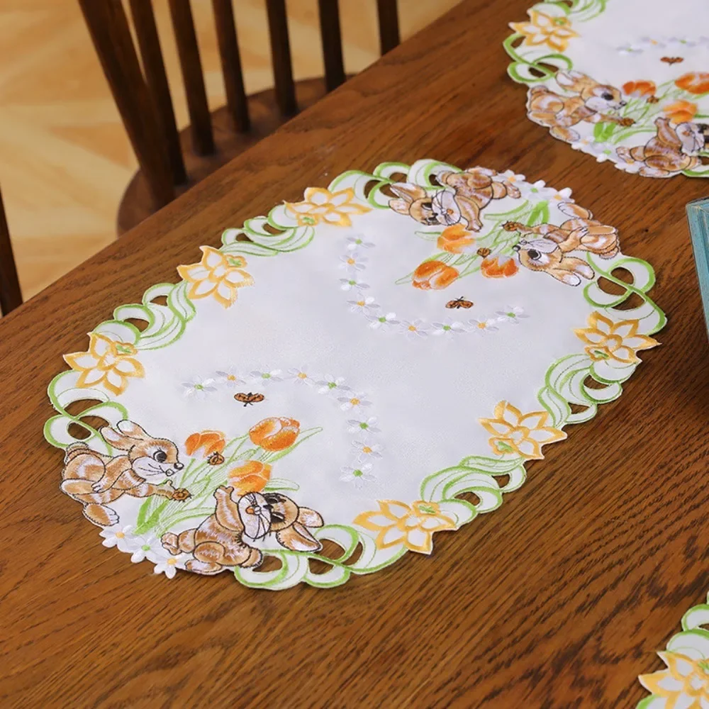 4pcs-Easter Bunny Embroidered Placemats: Spring Table Mats & Coffee Coasters for Restaurants/Cafés/Parties – Boost Festive Vibe
