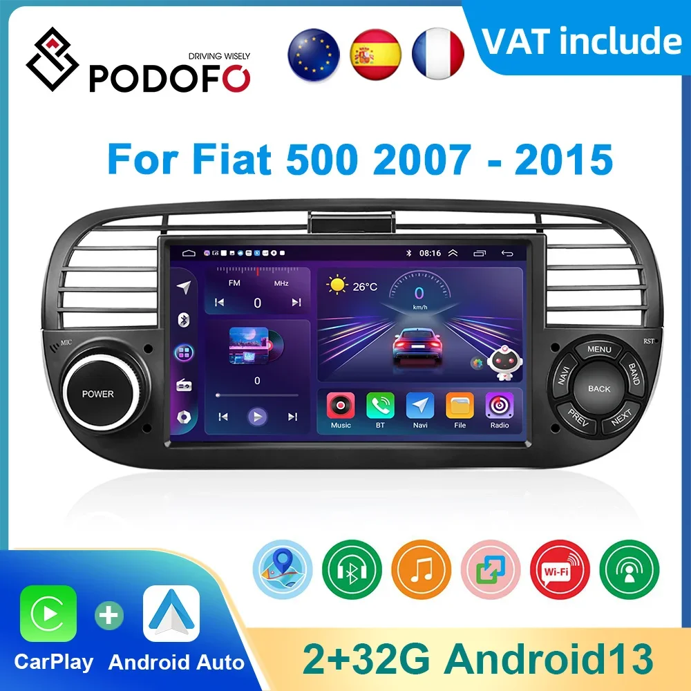 Podofo Car Stereo Radio For Fiat 500 2007-2015 Android 2+32G Carplay GPS Navigation Audio WIFI Bluetooth Car Multimedia Player