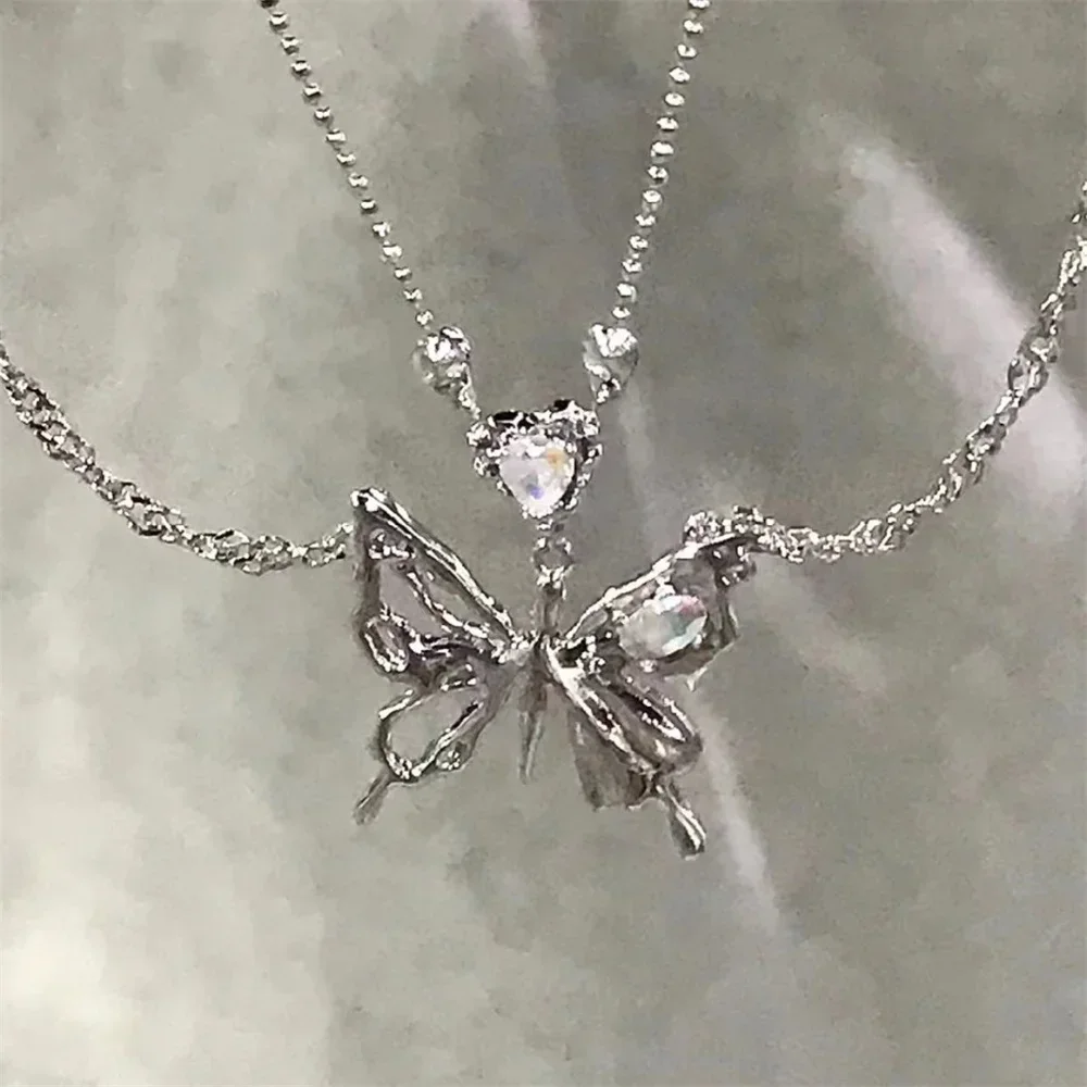 SUMENG Y2K Crystal Butterfly Pendant Necklace Light Luxury Egirl Punk Heart Grunge Clavicle Chain for Women Fashion Jewelry Gift