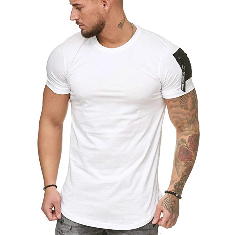 New Summer Men\'s O Neck T Shirt Fitness Bodybuilding Tshirt High Street Short Sleeved Zipper Casual Cotton Top Plus Size S-5XL