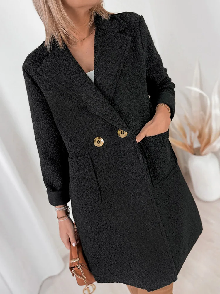 Gibsie plus size entalhado pescoço duplo breasted casaco de lã outono inverno feminino elegante outerwear bolsos solto preto casacos longos