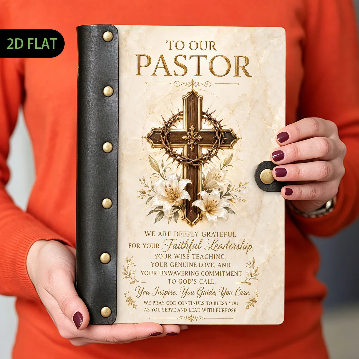 1PC Pastor Appreciation Cross Leather Wood Notebook 2D Flat, Marbled Marble Cross Journal, Hardcover Riveted Notebook