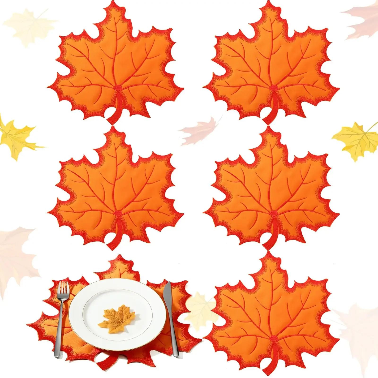 Thanksgiving Fall Maple Leaf Placemats Harvest Autumn Placemats Embroidered Washable Leaves Table Mats for Home Table Decor